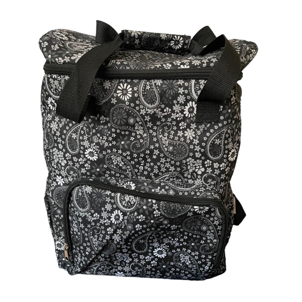 Insulated Cooler Backpack Picnic Black Gray White Paisley and Floral